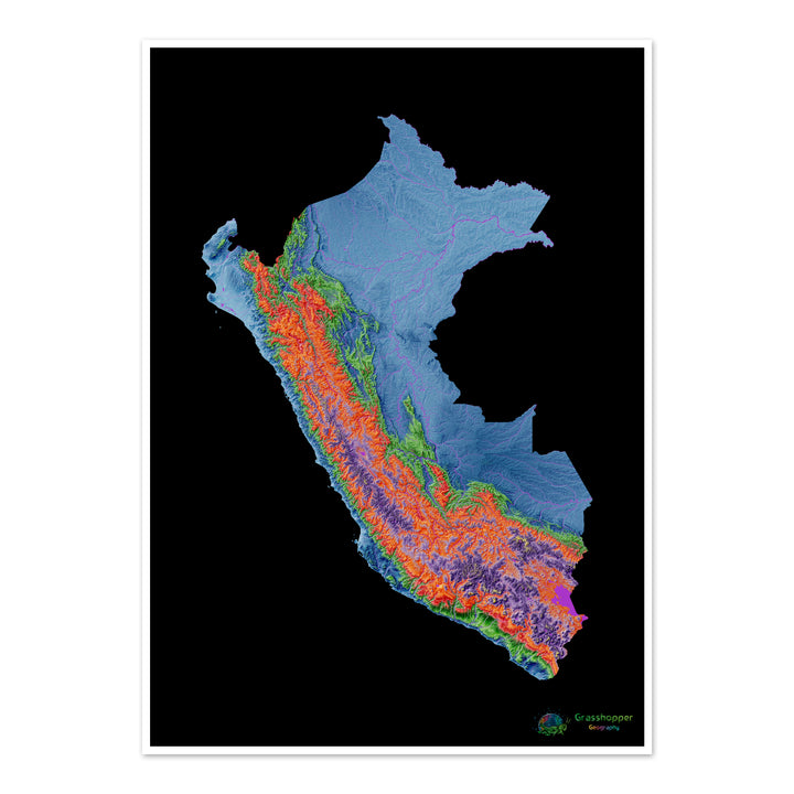Peru - Elevation map, black - Fine Art Print