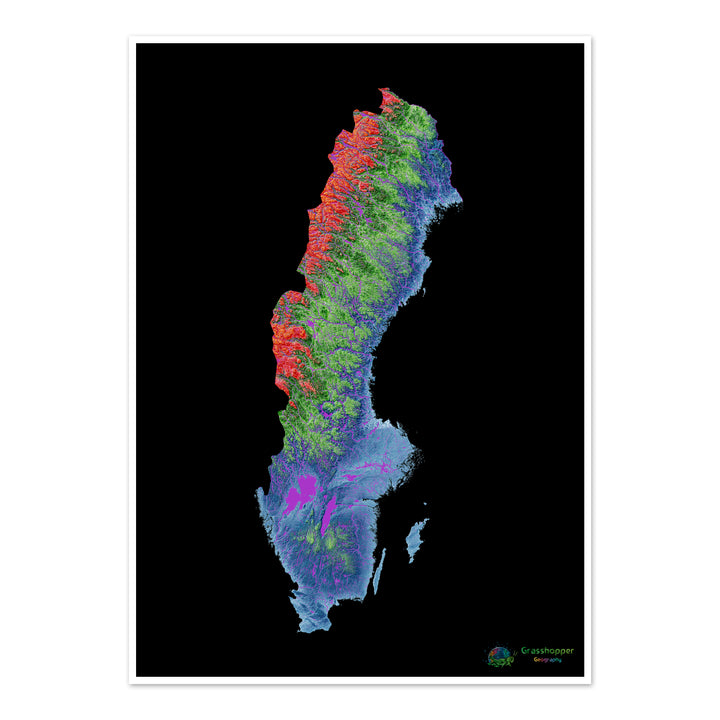 Suécia - Mapa de elevação, preto - Impressão de belas artes