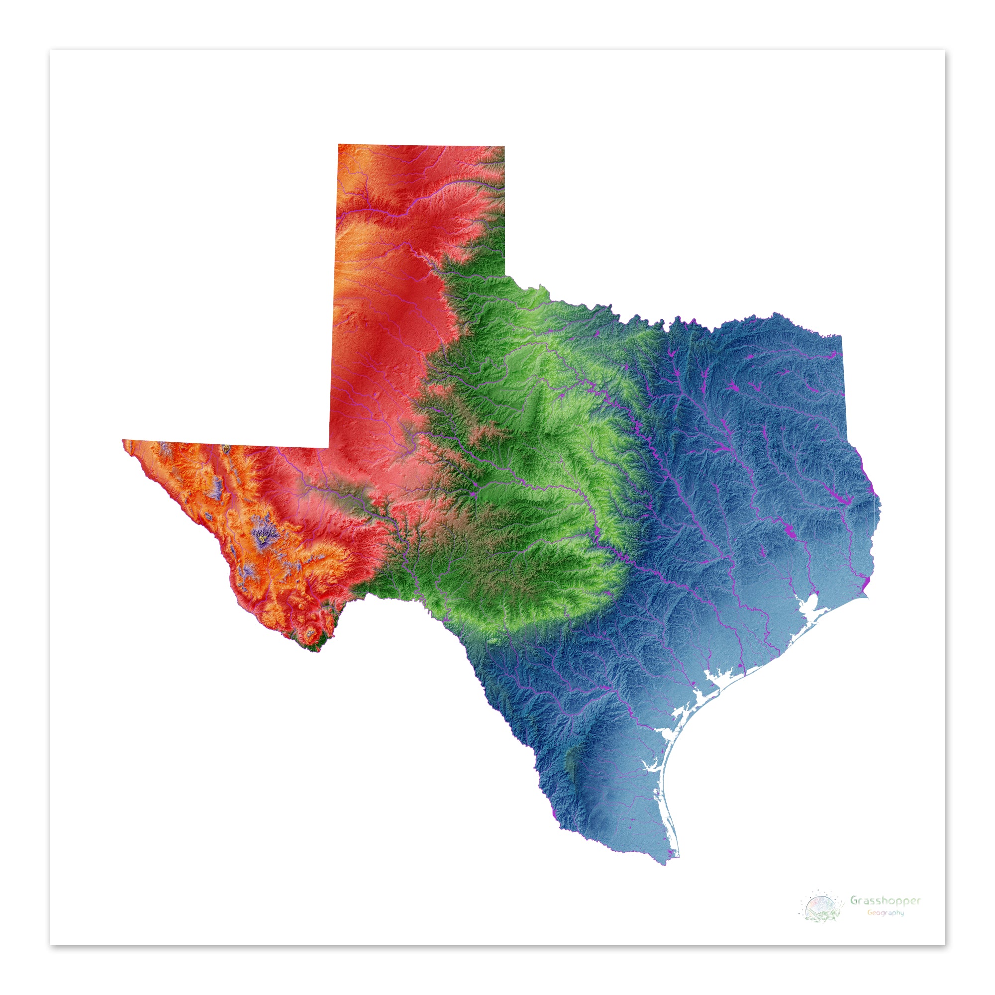 Texas Elevation map, white Fine Art Print Geography