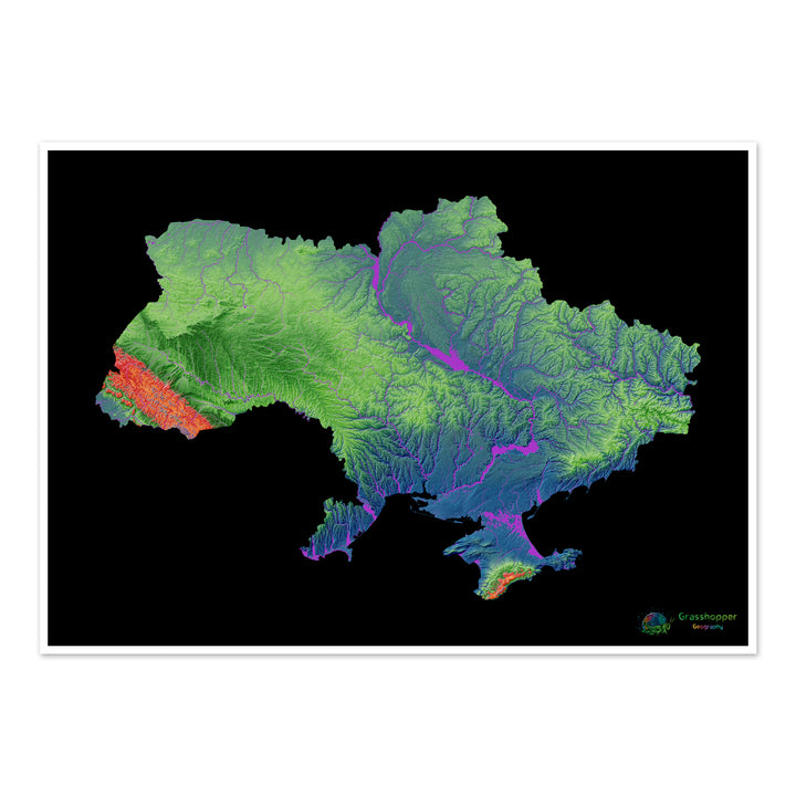 Ucrânia - Mapa de elevação, preto - Impressão de belas artes