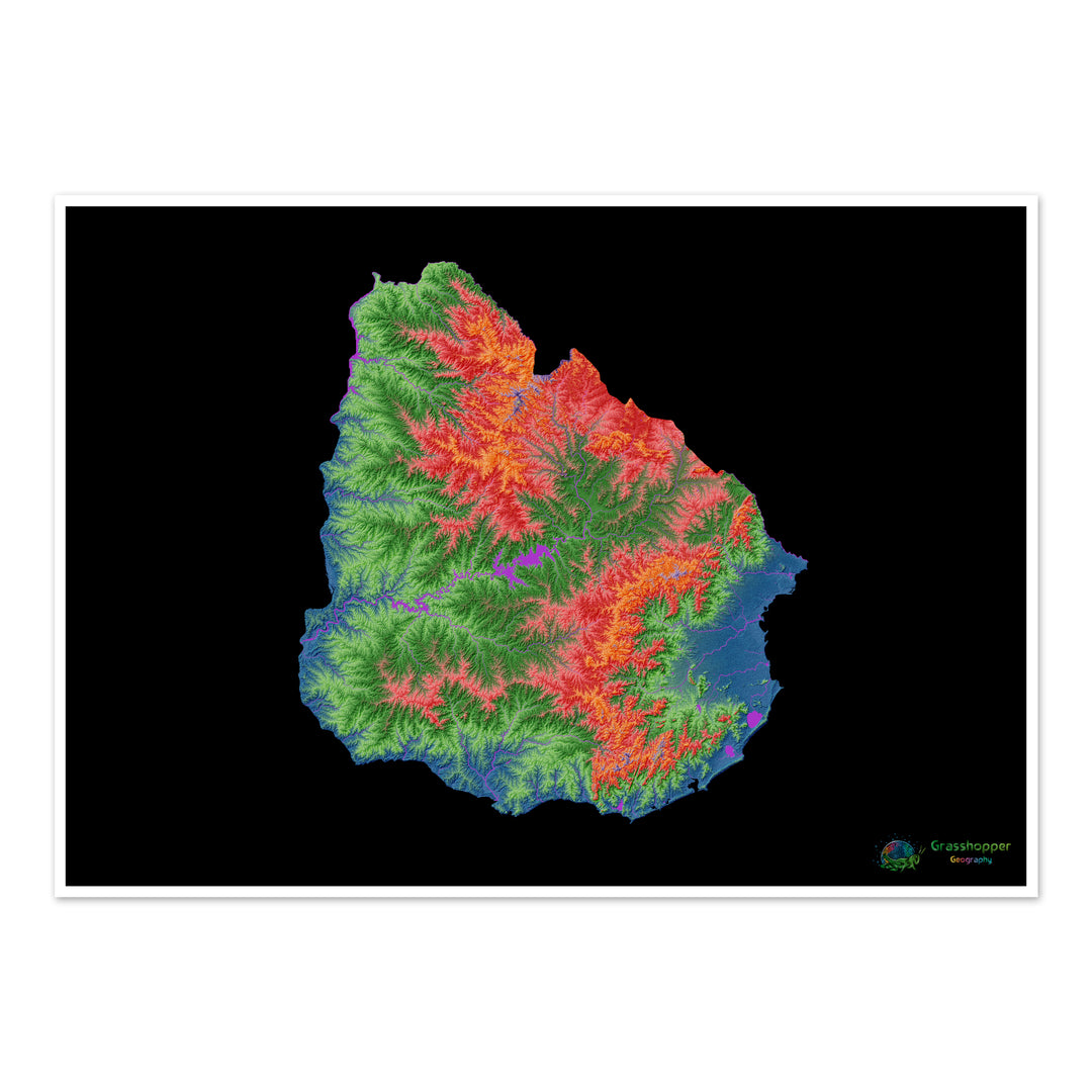 Uruguay - Carte d'élévation, noir - Tirage d'art