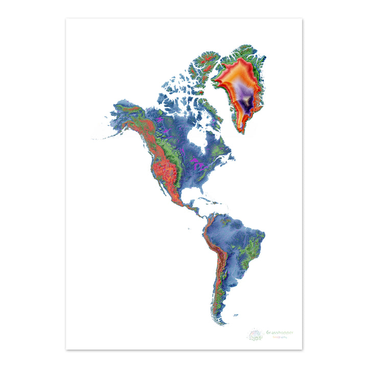 Américas - Mapa de elevação, branco - Impressão de belas artes