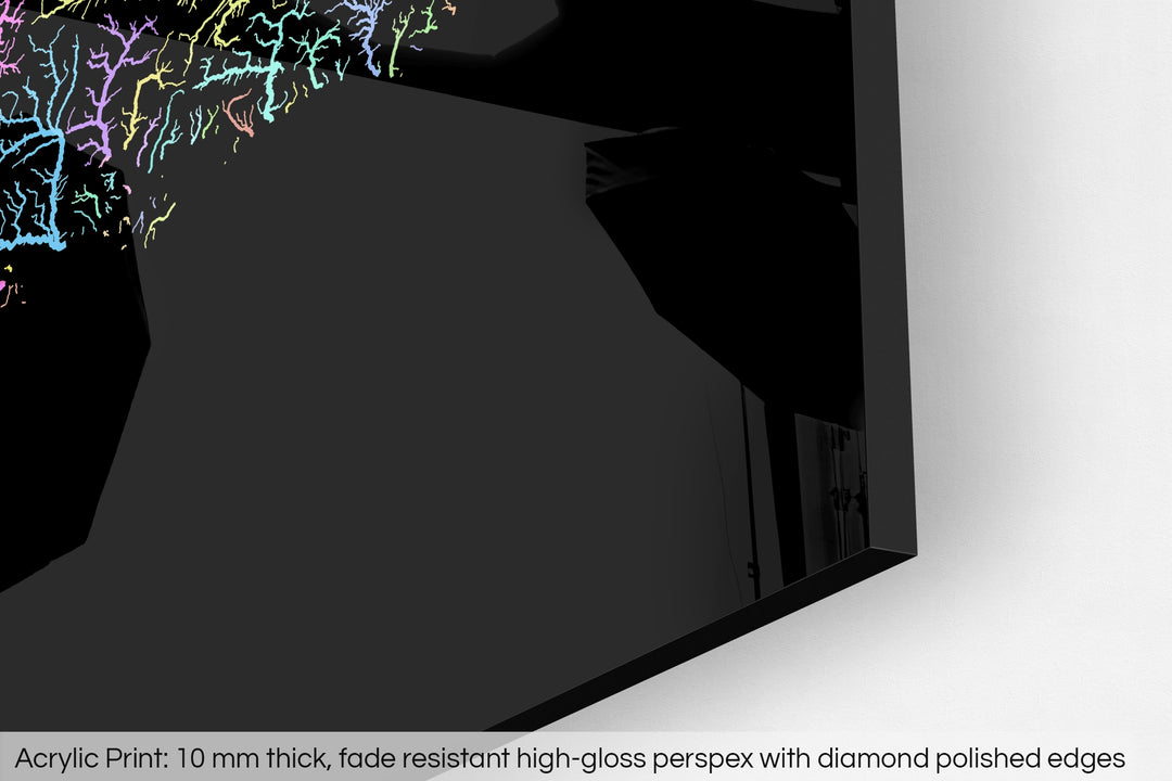 Closeup of an acrylic panel's corner, the details of a Grasshopper Geography map is visible. The text at the bottom reads: Acrylic print - 10 mm thick, fade reistant high-gloss perspex with diamond polished edges.