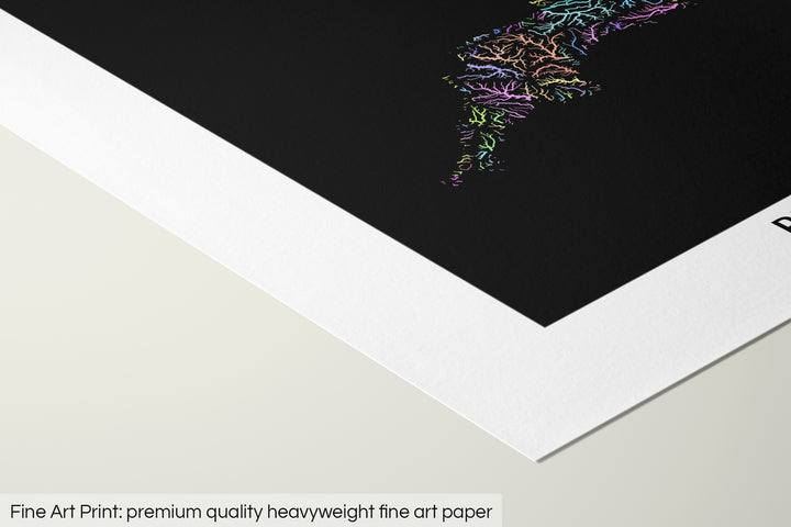 Closeup of a fine art print's corner lying on a flat surface, the details of a Grasshopper Geography map is visible. The text at the bottom reads: Fine art print - premium quality heavyweight fine art paper.