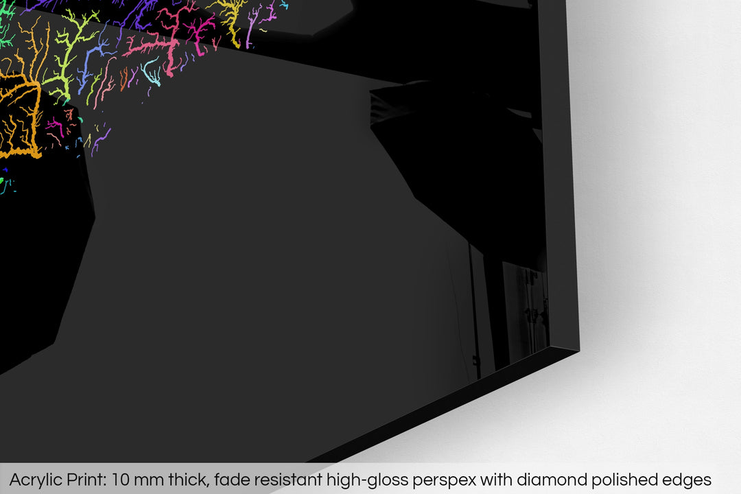 Closeup of an acrylic panel's corner, the details of a Grasshopper Geography map is visible. The text at the bottom reads: Acrylic print - 10 mm thick, fade reistant high-gloss perspex with diamond polished edges.