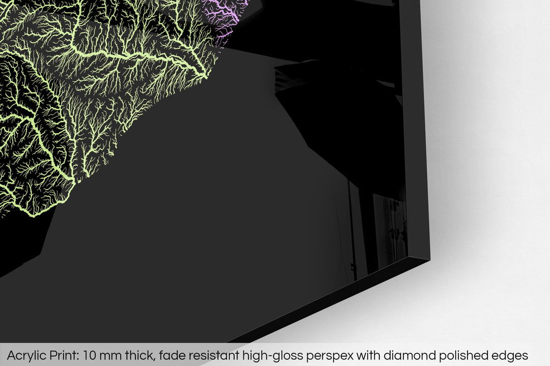 Closeup of an acrylic panel's corner, the details of a Grasshopper Geography map is visible. The text at the bottom reads: Acrylic print - 10 mm thick, fade reistant high-gloss perspex with diamond polished edges.