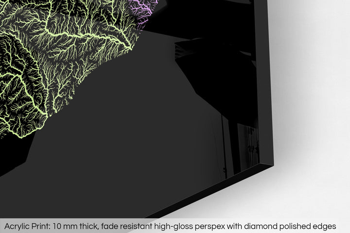 Closeup of an acrylic panel's corner, the details of a Grasshopper Geography map is visible. The text at the bottom reads: Acrylic print - 10 mm thick, fade reistant high-gloss perspex with diamond polished edges.