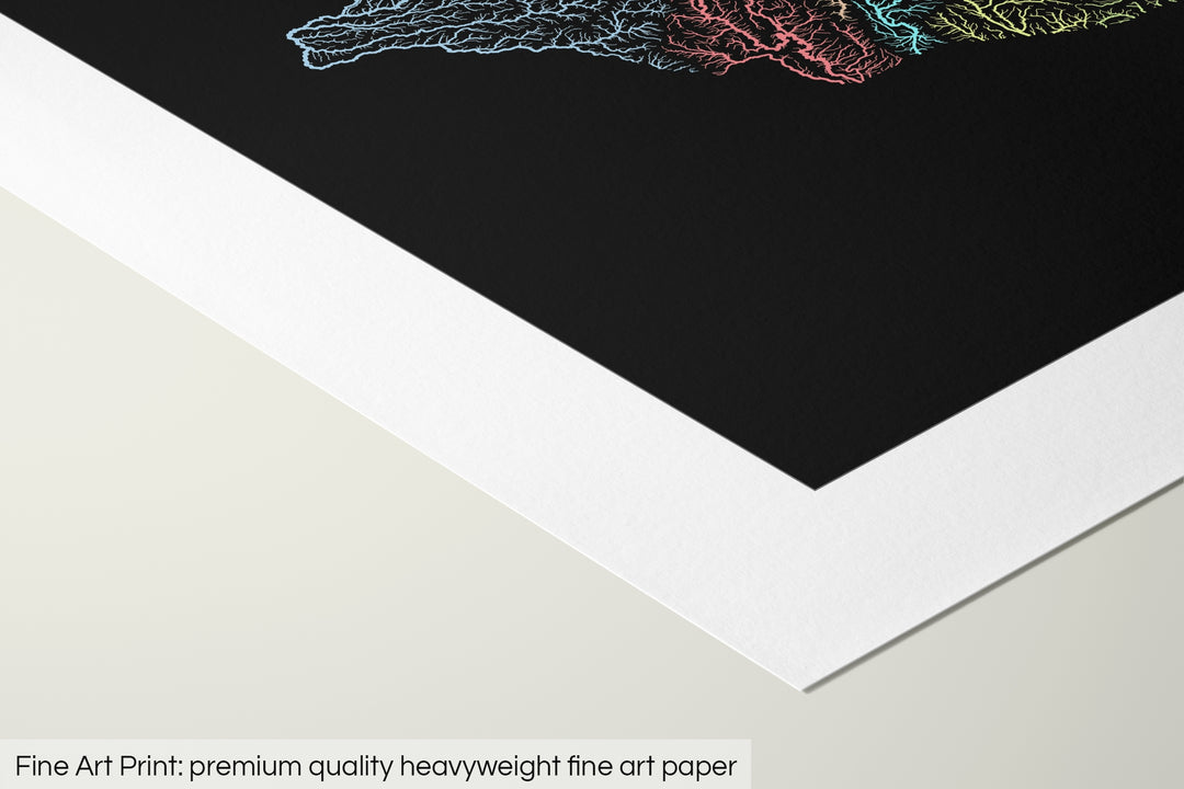 Closeup of a fine art print's corner lying on a flat surface, the details of a Grasshopper Geography map is visible. The text at the bottom reads: Fine art print - premium quality heavyweight fine art paper.