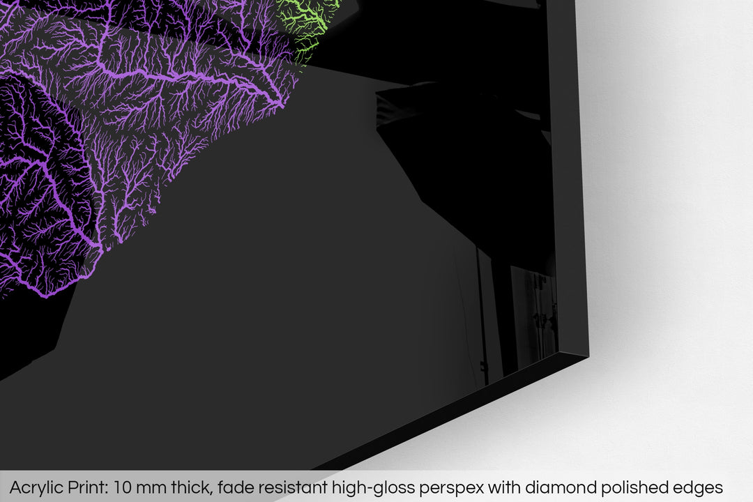 Closeup of an acrylic panel's corner, the details of a Grasshopper Geography map is visible. The text at the bottom reads: Acrylic print - 10 mm thick, fade reistant high-gloss perspex with diamond polished edges.