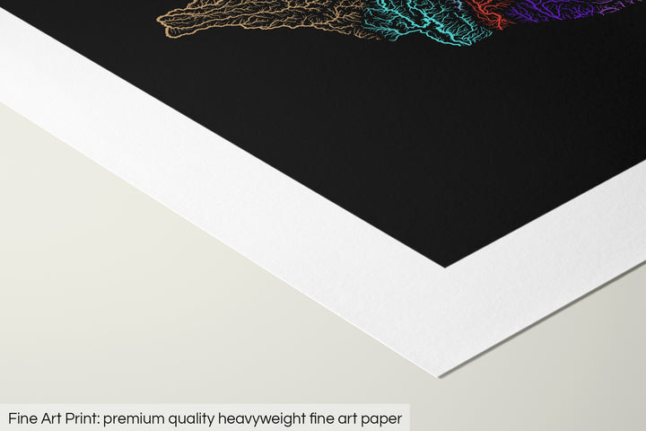 Closeup of a fine art print's corner lying on a flat surface, the details of a Grasshopper Geography map is visible. The text at the bottom reads: Fine art print - premium quality heavyweight fine art paper.