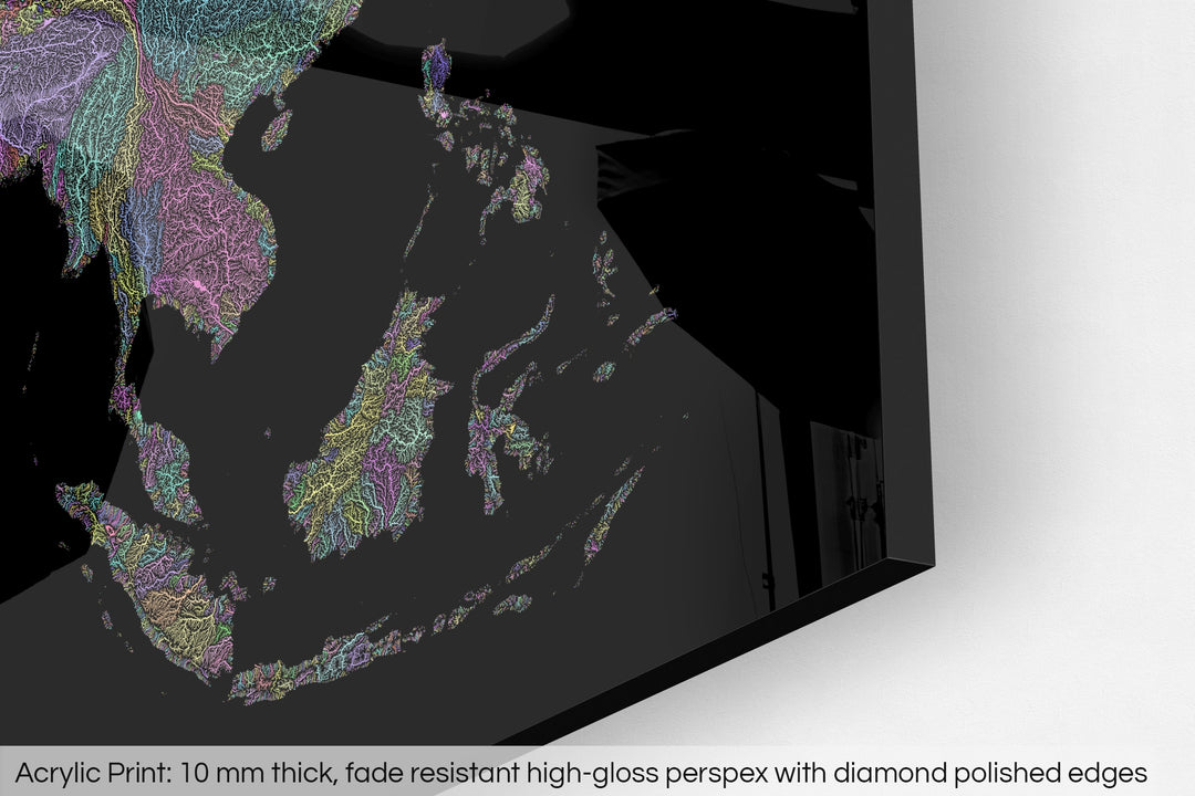 Closeup of an acrylic panel's corner, the details of a Grasshopper Geography map is visible. The text at the bottom reads: Acrylic print - 10 mm thick, fade reistant high-gloss perspex with diamond polished edges.