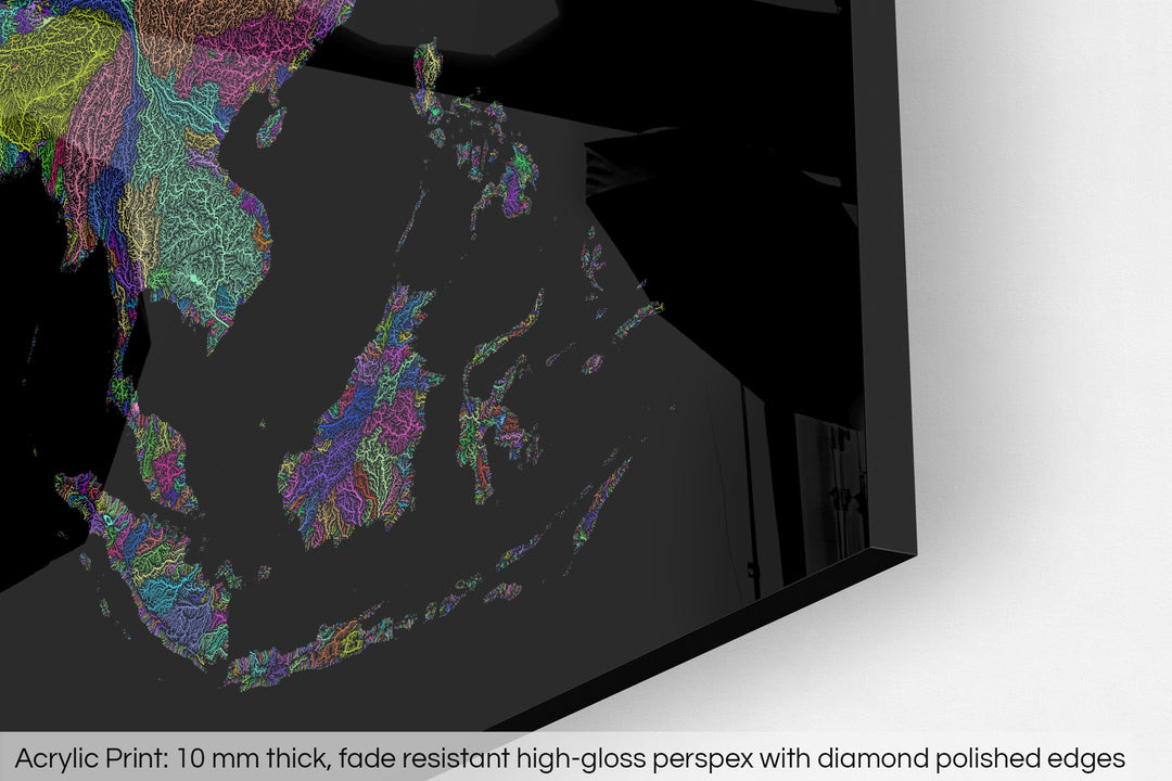 Closeup of an acrylic panel's corner, the details of a Grasshopper Geography map is visible. The text at the bottom reads: Acrylic print - 10 mm thick, fade reistant high-gloss perspex with diamond polished edges.