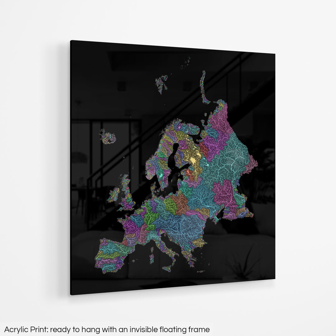 A colourful Grasshopper Geography map hanging on a white wall. The text at the bottom reads: Acrylic print - ready to hang with an invisible floating frame.