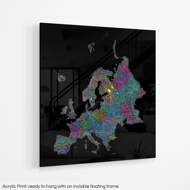 A colourful Grasshopper Geography map hanging on a white wall. The text at the bottom reads: Acrylic print - ready to hang with an invisible floating frame.