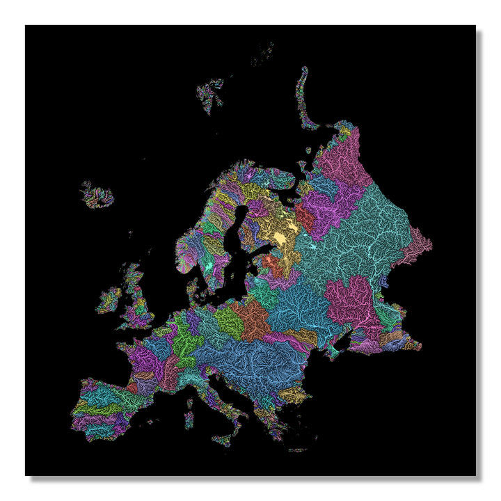 Europe - River basin map, pastel colours - Wall Art by Grasshopper Geography. Image of a high-resolution map created by geographer Robert Szucs, available as wall art and for licensing.