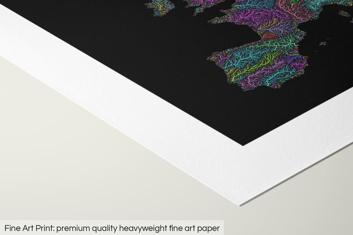 Closeup of a fine art print's corner lying on a flat surface, the details of a Grasshopper Geography map is visible. The text at the bottom reads: Fine art print - premium quality heavyweight fine art paper.