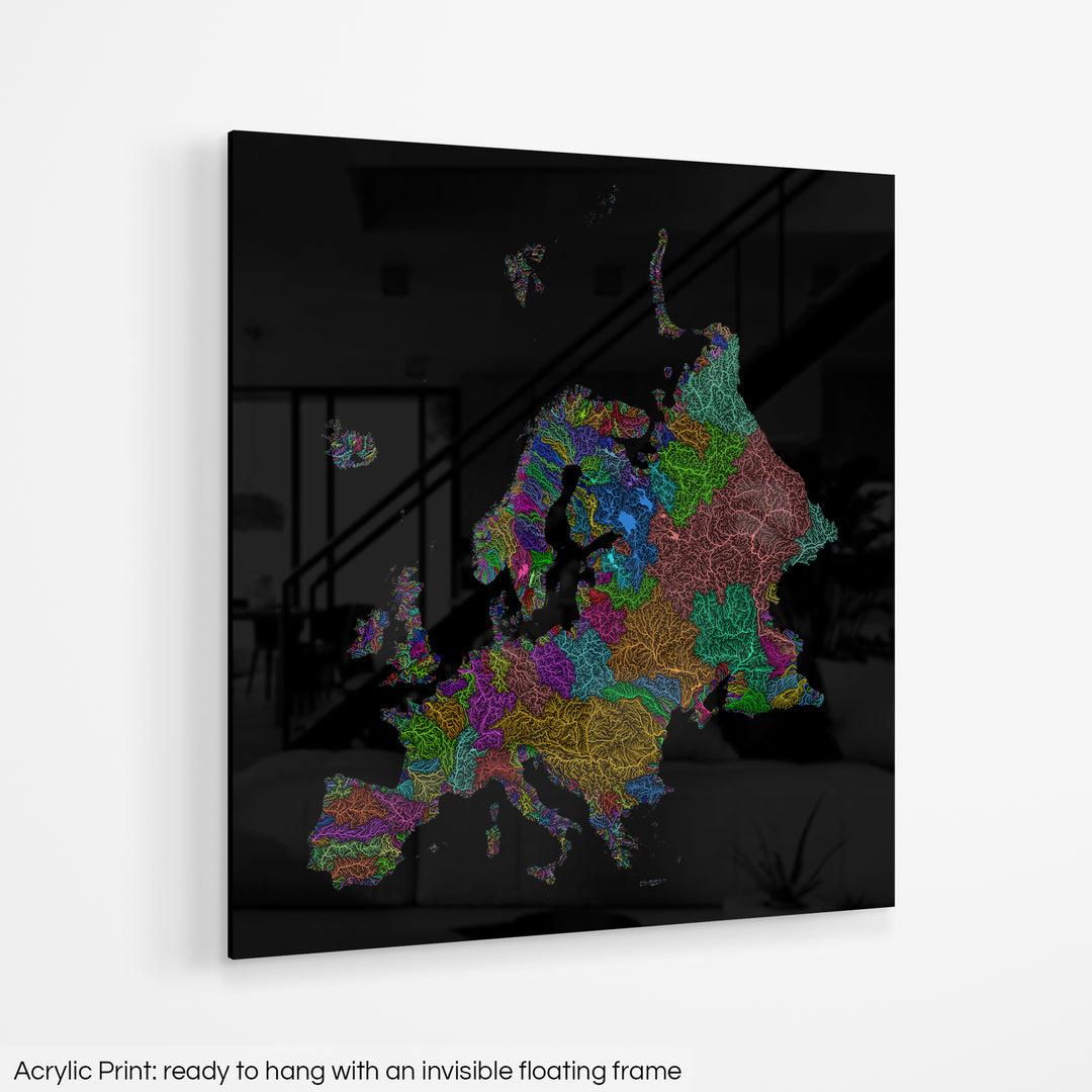 A colourful Grasshopper Geography map hanging on a white wall. The text at the bottom reads: Acrylic print - ready to hang with an invisible floating frame.