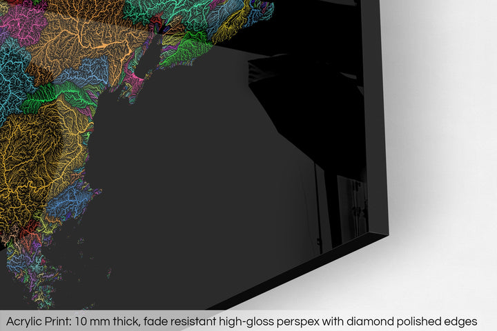 Closeup of an acrylic panel's corner, the details of a Grasshopper Geography map is visible. The text at the bottom reads: Acrylic print - 10 mm thick, fade reistant high-gloss perspex with diamond polished edges.