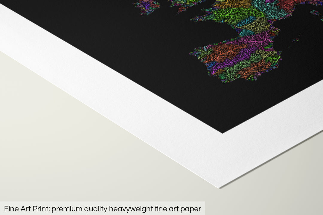 Closeup of a fine art print's corner lying on a flat surface, the details of a Grasshopper Geography map is visible. The text at the bottom reads: Fine art print - premium quality heavyweight fine art paper.