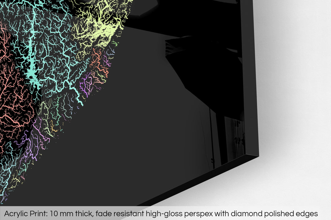 Closeup of an acrylic panel's corner, the details of a Grasshopper Geography map is visible. The text at the bottom reads: Acrylic print - 10 mm thick, fade reistant high-gloss perspex with diamond polished edges.