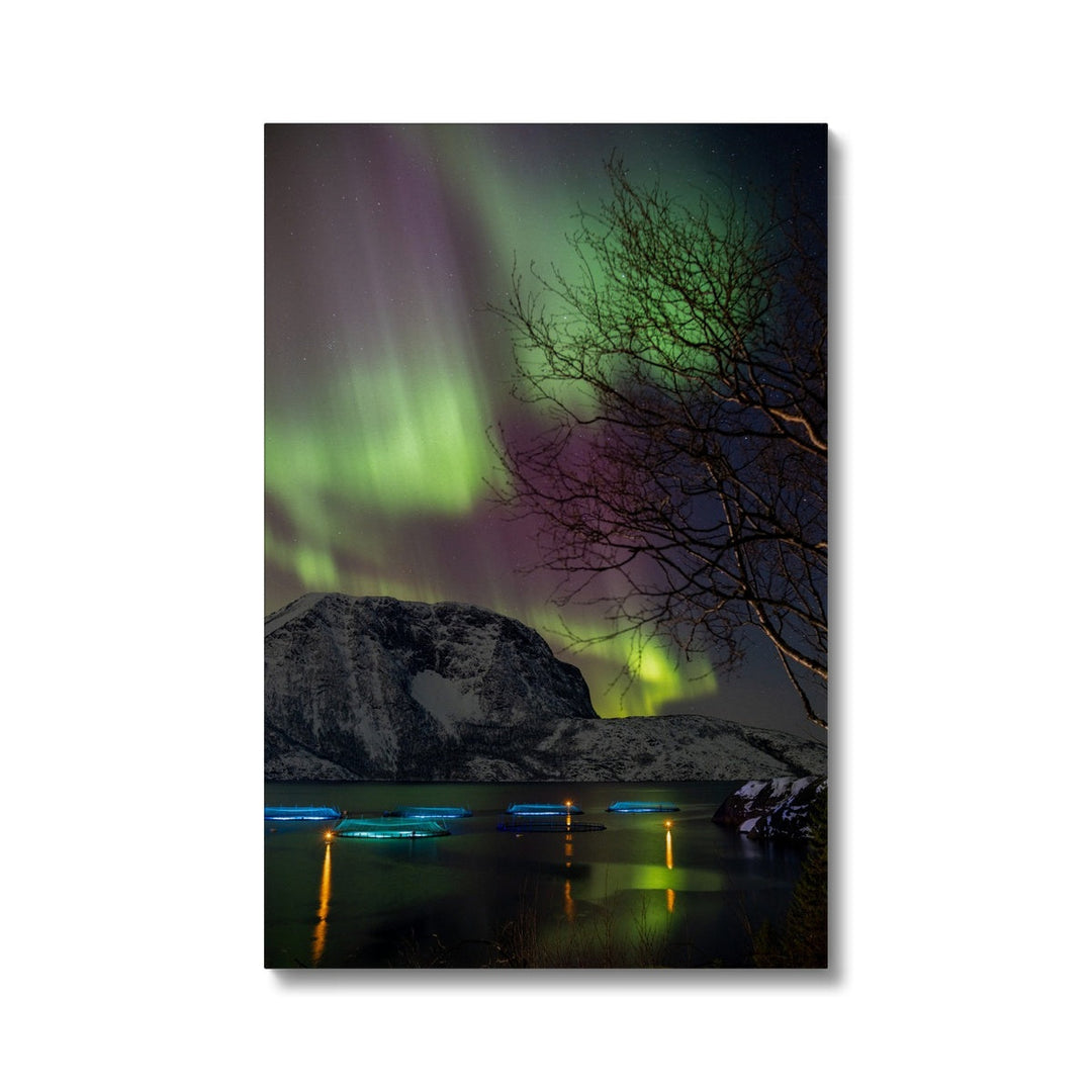 Fish pens across Lundøya with aurora II - Canvas