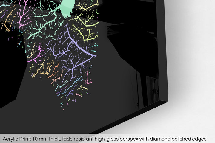 Closeup of an acrylic panel's corner, the details of a Grasshopper Geography map is visible. The text at the bottom reads: Acrylic print - 10 mm thick, fade reistant high-gloss perspex with diamond polished edges.