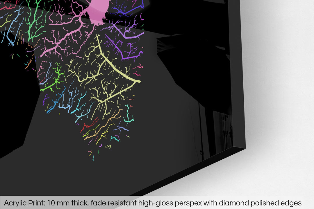 Closeup of an acrylic panel's corner, the details of a Grasshopper Geography map is visible. The text at the bottom reads: Acrylic print - 10 mm thick, fade reistant high-gloss perspex with diamond polished edges.