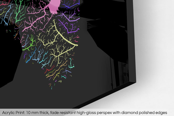Closeup of an acrylic panel's corner, the details of a Grasshopper Geography map is visible. The text at the bottom reads: Acrylic print - 10 mm thick, fade reistant high-gloss perspex with diamond polished edges.