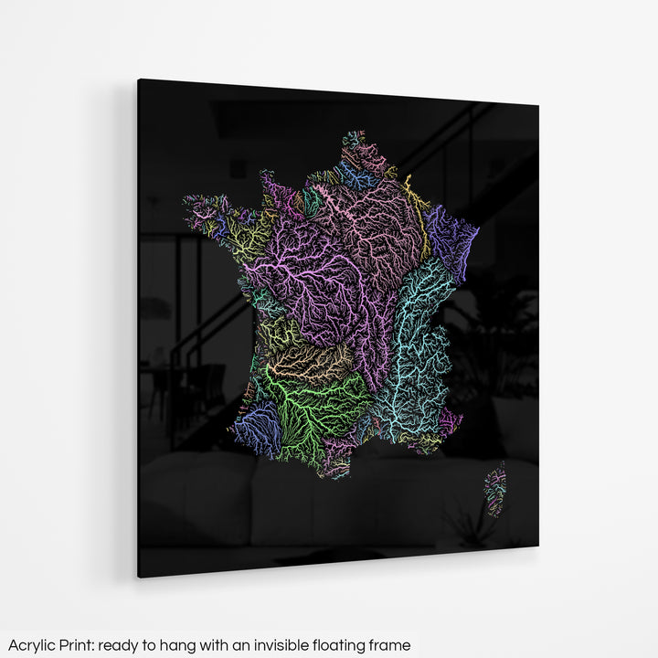 A colourful Grasshopper Geography map hanging on a white wall. The text at the bottom reads: Acrylic print - ready to hang with an invisible floating frame.
