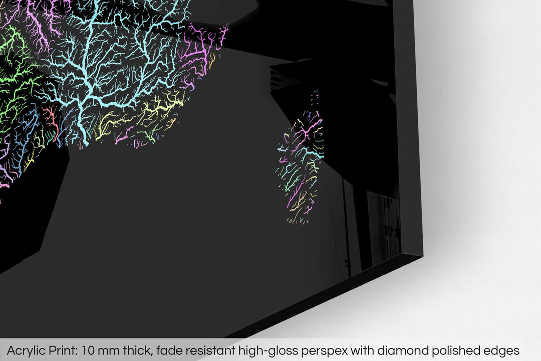 Closeup of an acrylic panel's corner, the details of a Grasshopper Geography map is visible. The text at the bottom reads: Acrylic print - 10 mm thick, fade reistant high-gloss perspex with diamond polished edges.