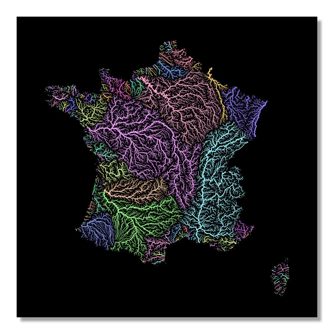 France - River basin map, pastel colours - Wall Art by Grasshopper Geography. Image of a high-resolution map created by geographer Robert Szucs, available as wall art and for licensing.
