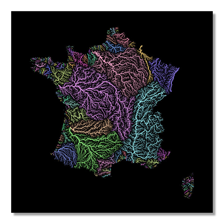 France - River basin map, pastel colours - Wall Art by Grasshopper Geography. Image of a high-resolution map created by geographer Robert Szucs, available as wall art and for licensing.