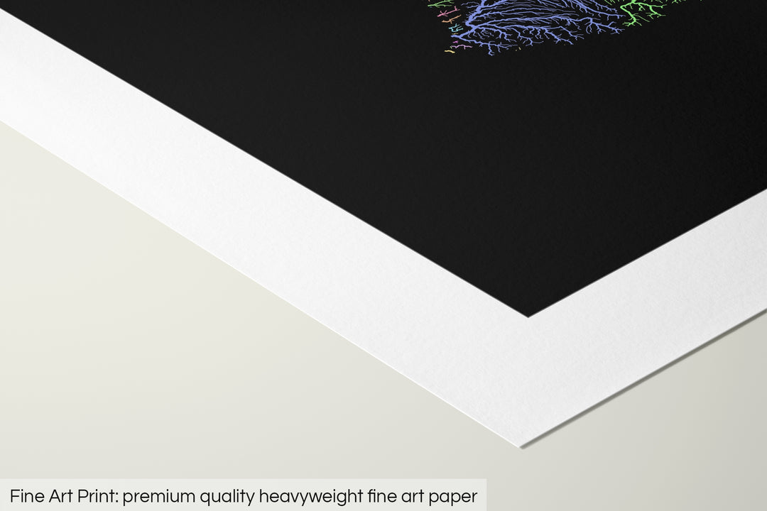Closeup of a fine art print's corner lying on a flat surface, the details of a Grasshopper Geography map is visible. The text at the bottom reads: Fine art print - premium quality heavyweight fine art paper.