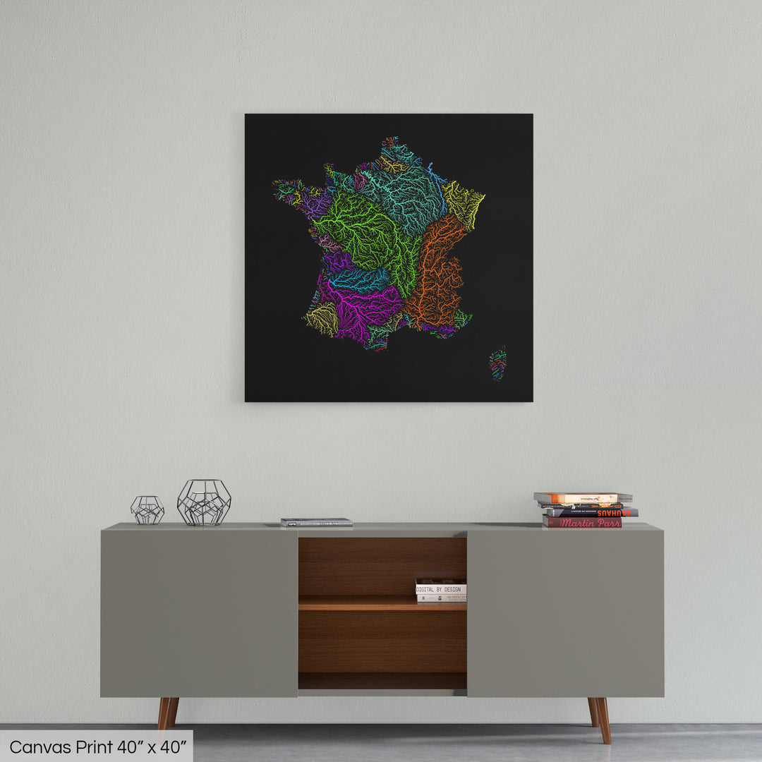 A colourful Grasshopper Geography map home decor in a living room, on a light grey wall. The map is printed on canvas and hangs above a modern low storage cabinet.
