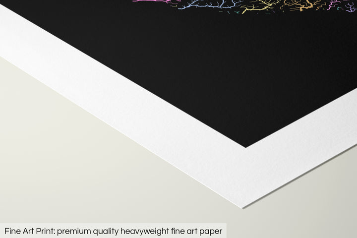 Closeup of a fine art print's corner lying on a flat surface, the details of a Grasshopper Geography map is visible. The text at the bottom reads: Fine art print - premium quality heavyweight fine art paper.