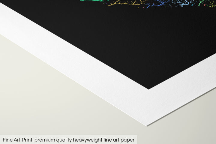 Closeup of a fine art print's corner lying on a flat surface, the details of a Grasshopper Geography map is visible. The text at the bottom reads: Fine art print - premium quality heavyweight fine art paper.