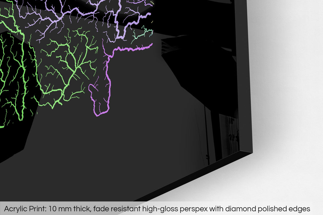 Closeup of an acrylic panel's corner, the details of a Grasshopper Geography map is visible. The text at the bottom reads: Acrylic print - 10 mm thick, fade reistant high-gloss perspex with diamond polished edges.
