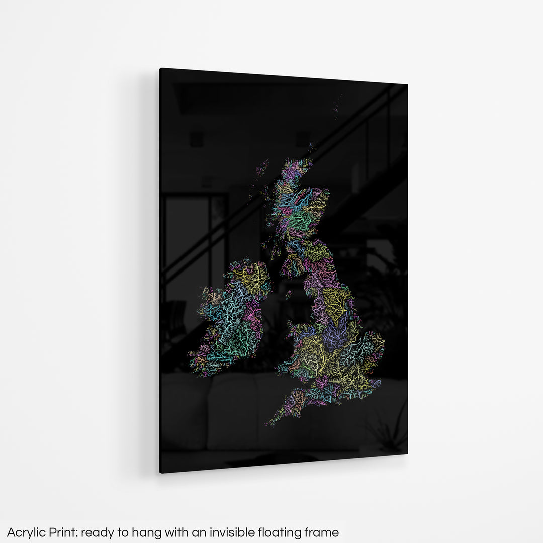 A colourful Grasshopper Geography map hanging on a white wall. The text at the bottom reads: Acrylic print - ready to hang with an invisible floating frame.