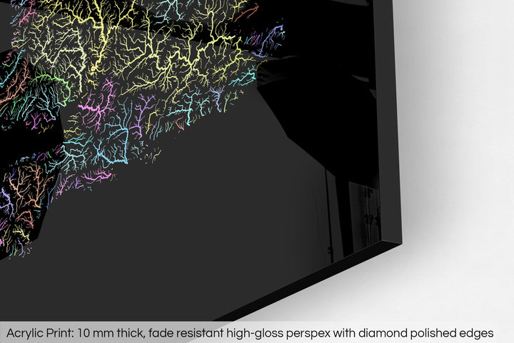 Closeup of an acrylic panel's corner, the details of a Grasshopper Geography map is visible. The text at the bottom reads: Acrylic print - 10 mm thick, fade reistant high-gloss perspex with diamond polished edges.