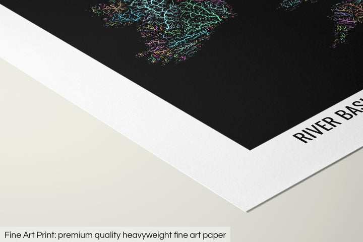 Closeup of a fine art print's corner lying on a flat surface, the details of a Grasshopper Geography map is visible. The text at the bottom reads: Fine art print - premium quality heavyweight fine art paper.