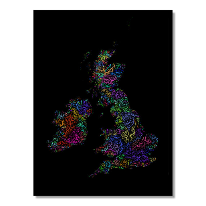 Great Britain and Ireland - River basin map, rainbow colours - Wall Art by Grasshopper Geography. Image of a high-resolution map created by geographer Robert Szucs, available as wall art and for licensing.