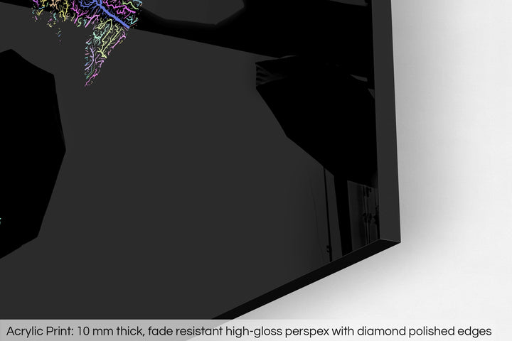 Closeup of an acrylic panel's corner, the details of a Grasshopper Geography map is visible. The text at the bottom reads: Acrylic print - 10 mm thick, fade reistant high-gloss perspex with diamond polished edges.