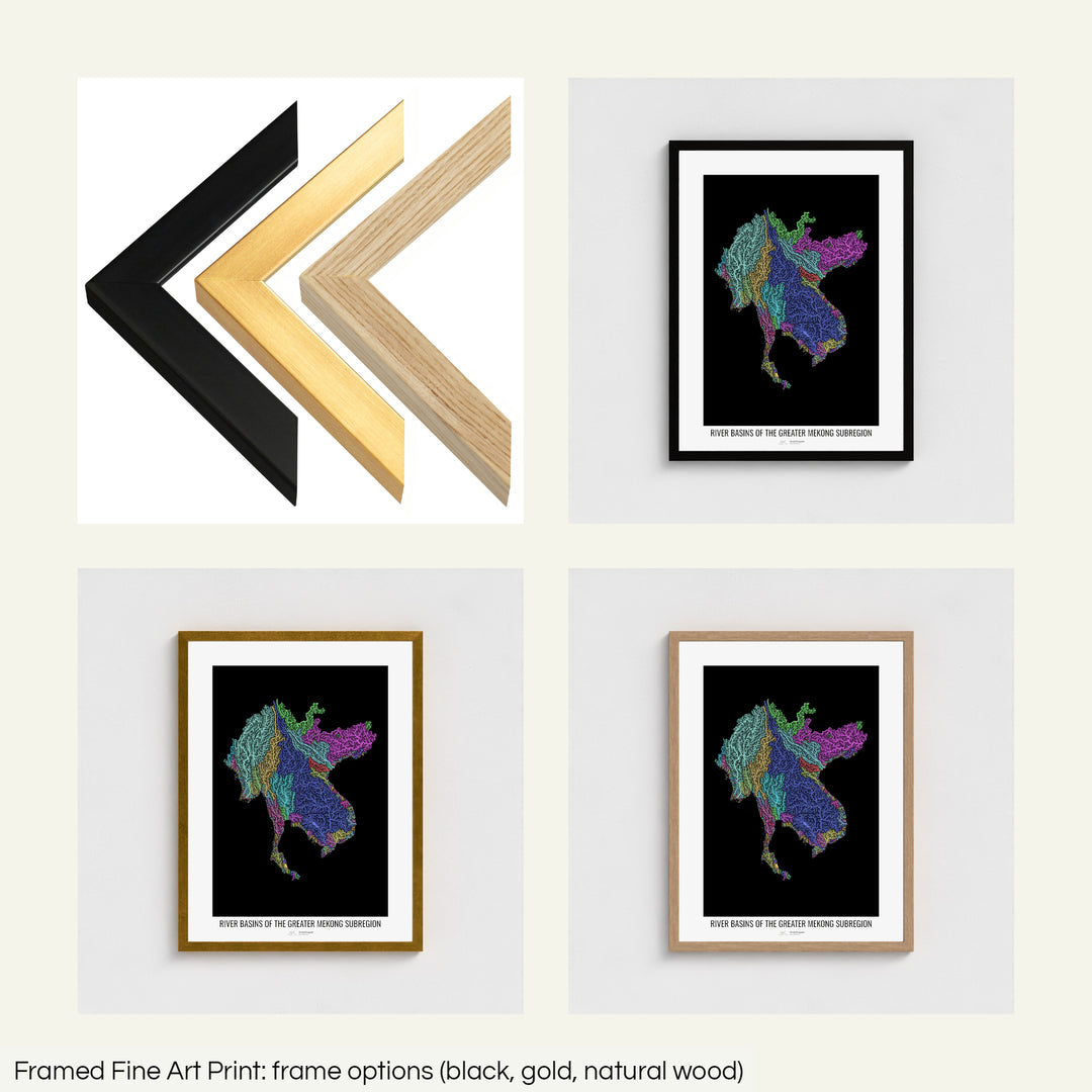 The image shows the different frames available at Grasshopper Geography's map shop: black, golden and natural wood. The image is a collection of four smaller pictures: the first one shows the wooden frames up close, the other three are mockups of the printed map in each frame.