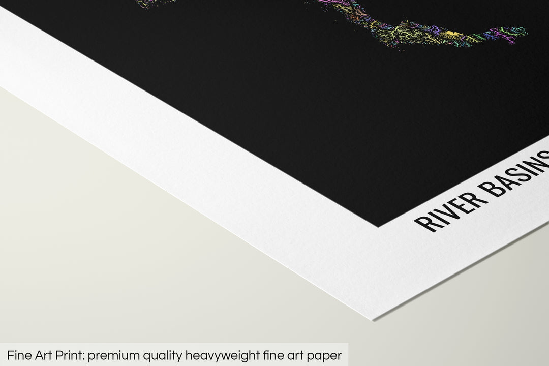 Closeup of a fine art print's corner lying on a flat surface, the details of a Grasshopper Geography map is visible. The text at the bottom reads: Fine art print - premium quality heavyweight fine art paper.