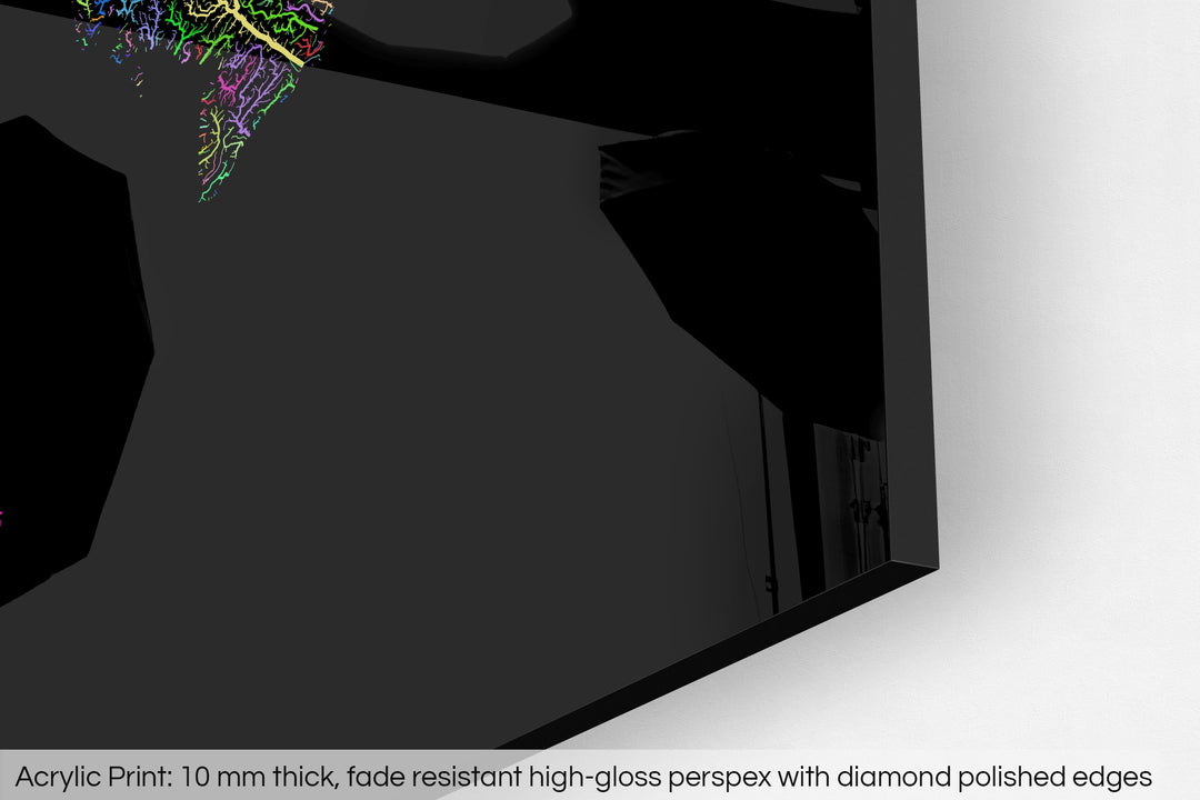 Closeup of an acrylic panel's corner, the details of a Grasshopper Geography map is visible. The text at the bottom reads: Acrylic print - 10 mm thick, fade reistant high-gloss perspex with diamond polished edges.