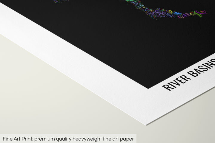 Closeup of a fine art print's corner lying on a flat surface, the details of a Grasshopper Geography map is visible. The text at the bottom reads: Fine art print - premium quality heavyweight fine art paper.