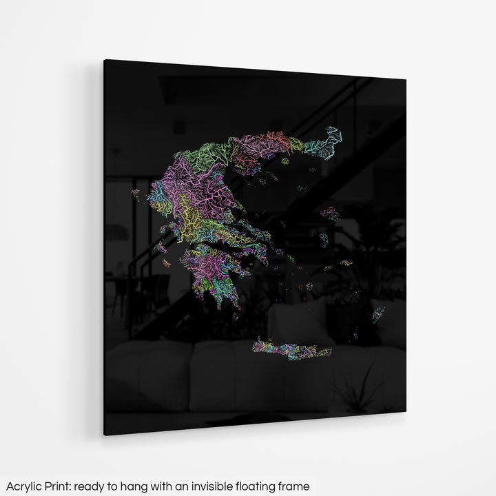 A colourful Grasshopper Geography map hanging on a white wall. The text at the bottom reads: Acrylic print - ready to hang with an invisible floating frame.