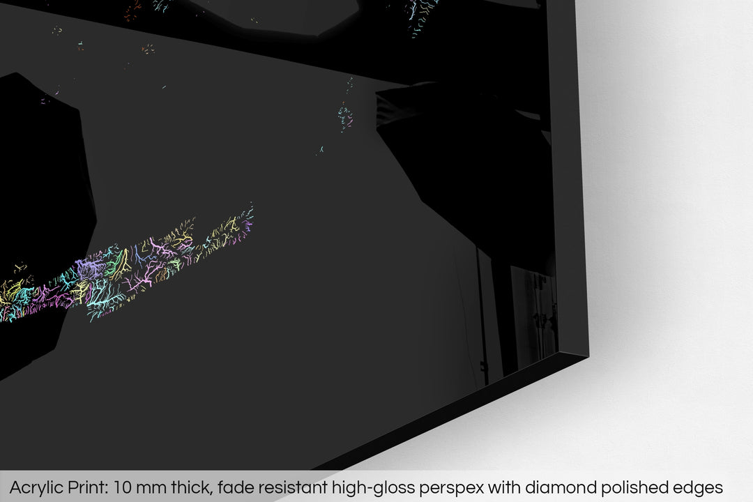 Closeup of an acrylic panel's corner, the details of a Grasshopper Geography map is visible. The text at the bottom reads: Acrylic print - 10 mm thick, fade reistant high-gloss perspex with diamond polished edges.