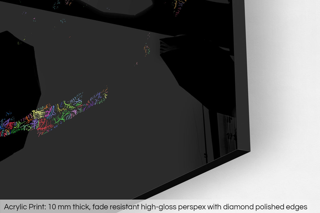Closeup of an acrylic panel's corner, the details of a Grasshopper Geography map is visible. The text at the bottom reads: Acrylic print - 10 mm thick, fade reistant high-gloss perspex with diamond polished edges.