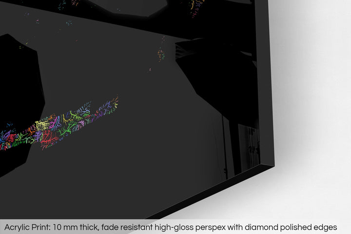 Closeup of an acrylic panel's corner, the details of a Grasshopper Geography map is visible. The text at the bottom reads: Acrylic print - 10 mm thick, fade reistant high-gloss perspex with diamond polished edges.
